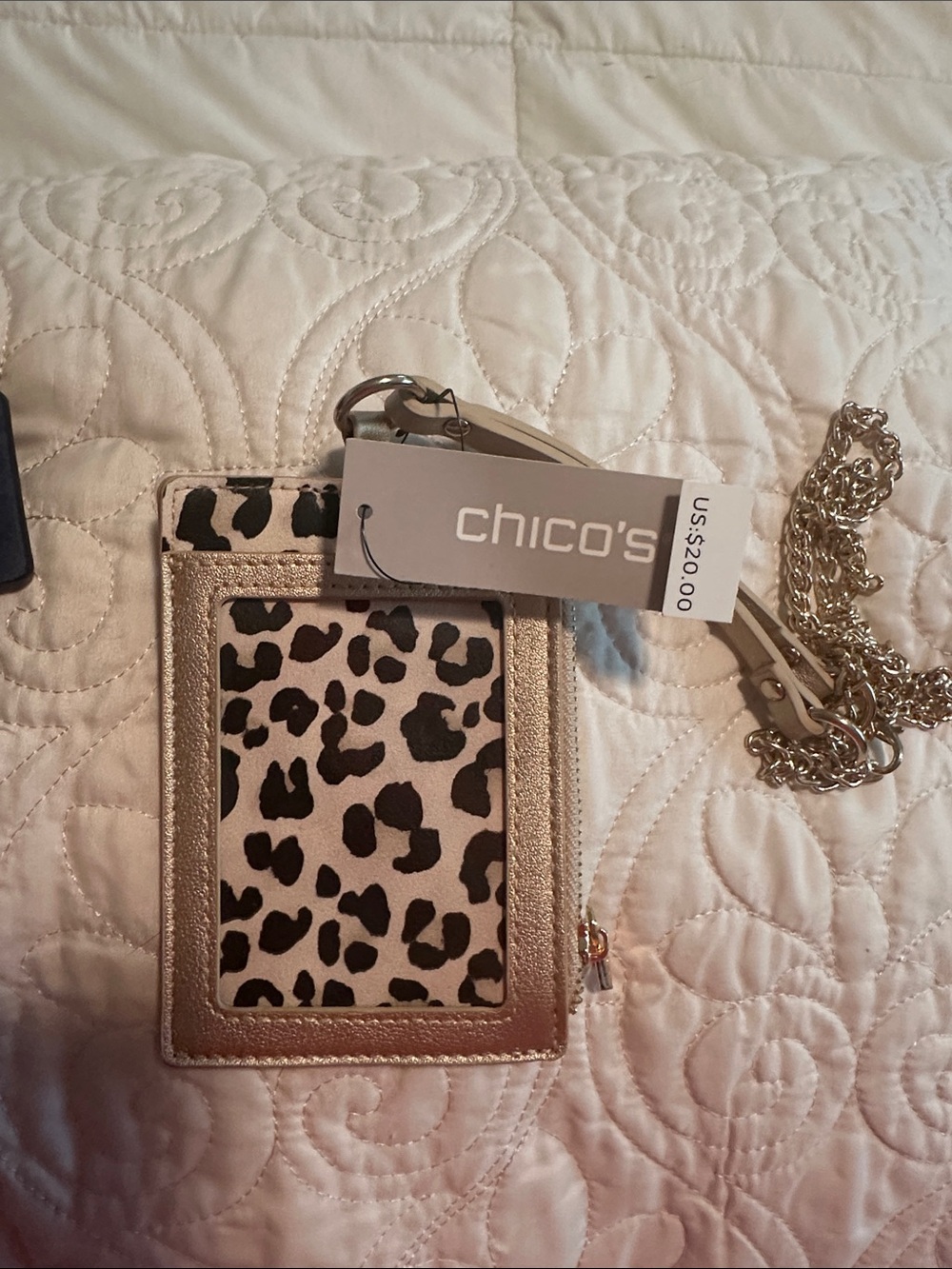 Chico's Gold Metallic Leopard ID Holder with Chain